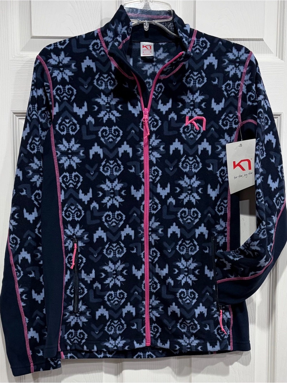 Kari Traa Women's Medium Olga Fleece Jacket Navy Blue Pattern NWT Zip Pockets